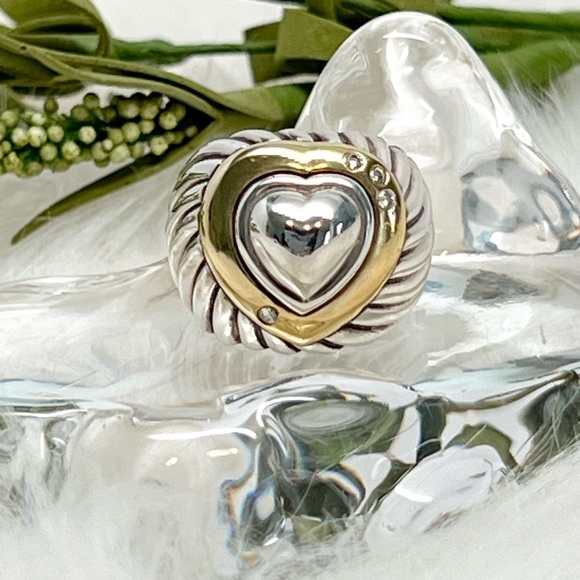 David Yurman Diamond Cable Wide Band Heart Ring .925/18K Gold - Picture 4 of 11
